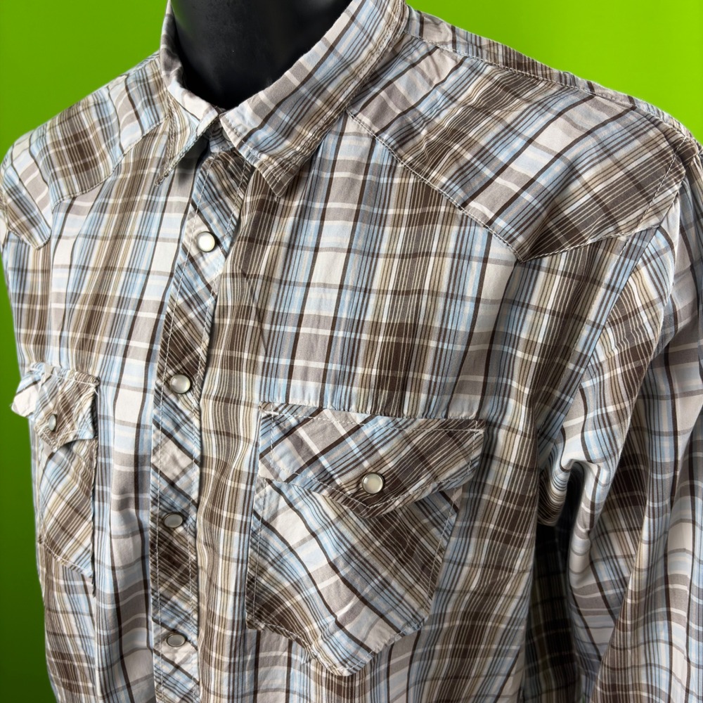 Old Navy Western Pearl Snap Shirt Mens 2X Brown/Blue Plaid Long Sleeve Cowboy